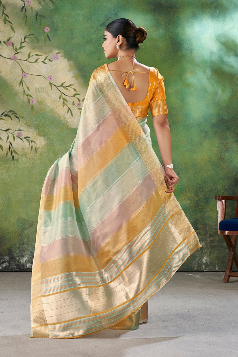 Mustard Linen Cotton Zari Weaving Saree