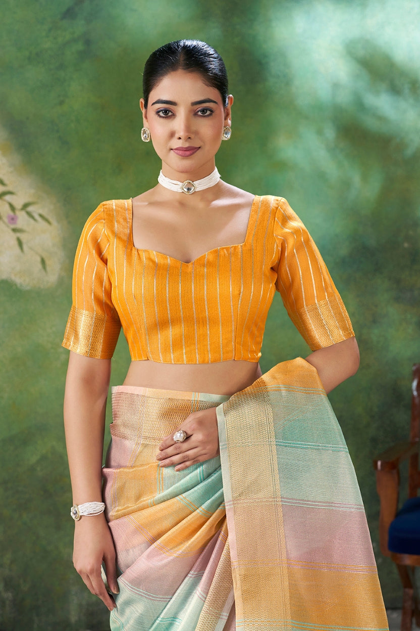 Mustard Linen Cotton Zari Weaving Saree