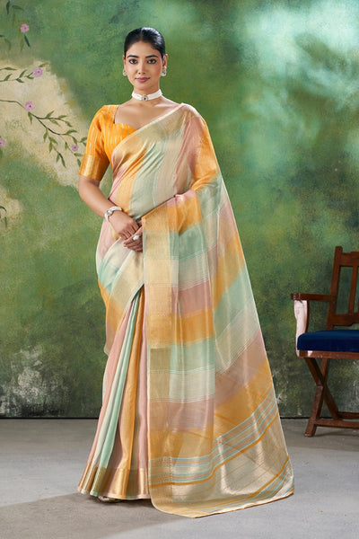 Mustard Linen Cotton Zari Weaving Saree