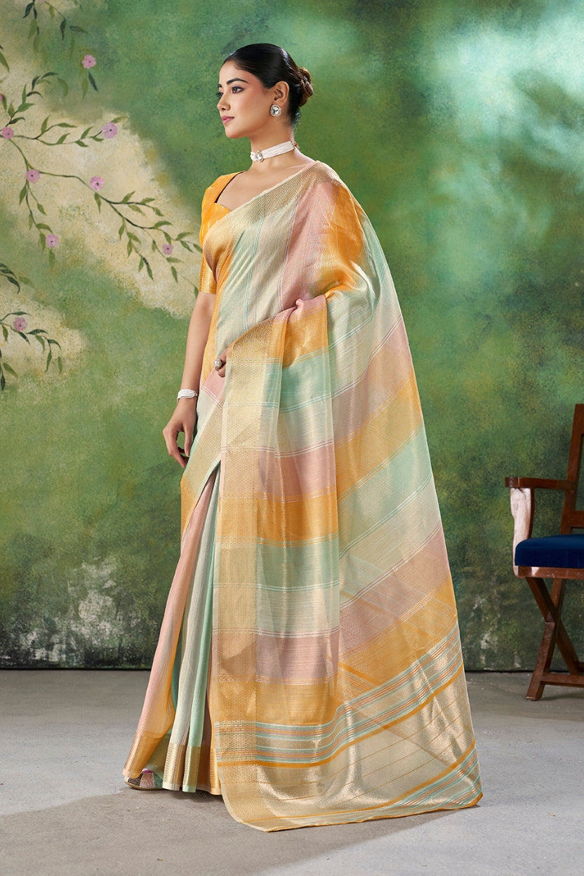 Mustard Linen Cotton Zari Weaving Saree