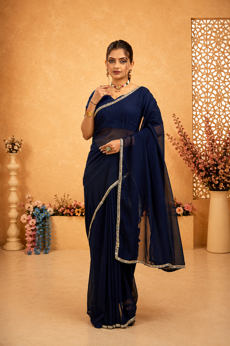 Navy Mirror Lace Georgette Saree