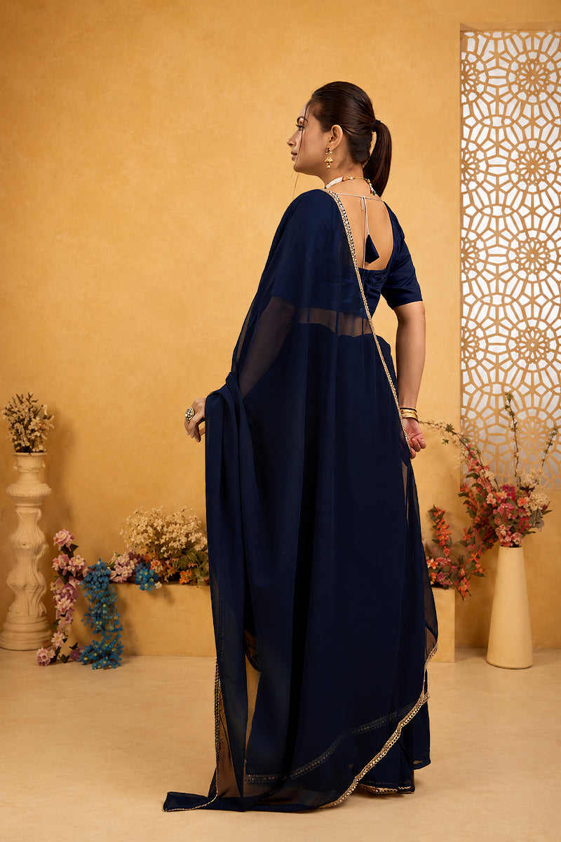 Navy Mirror Lace Georgette Saree