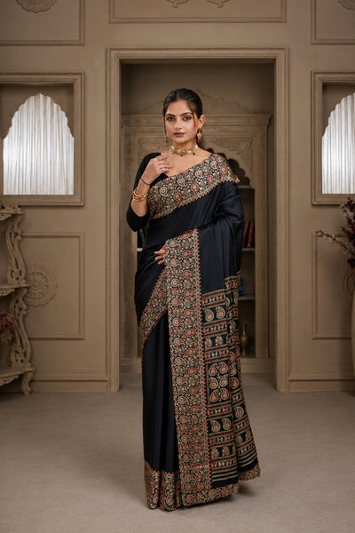 Black Ajrakh Printed Silk Saree