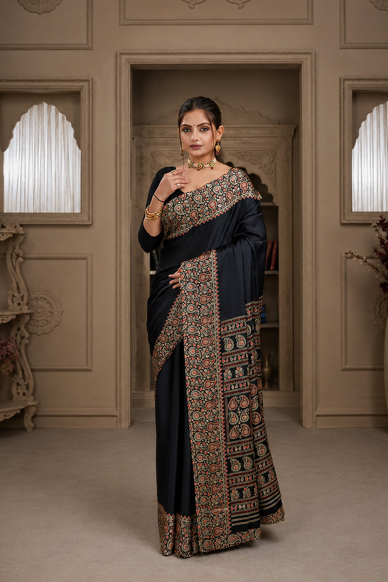 Black Ajrakh Printed Silk Saree