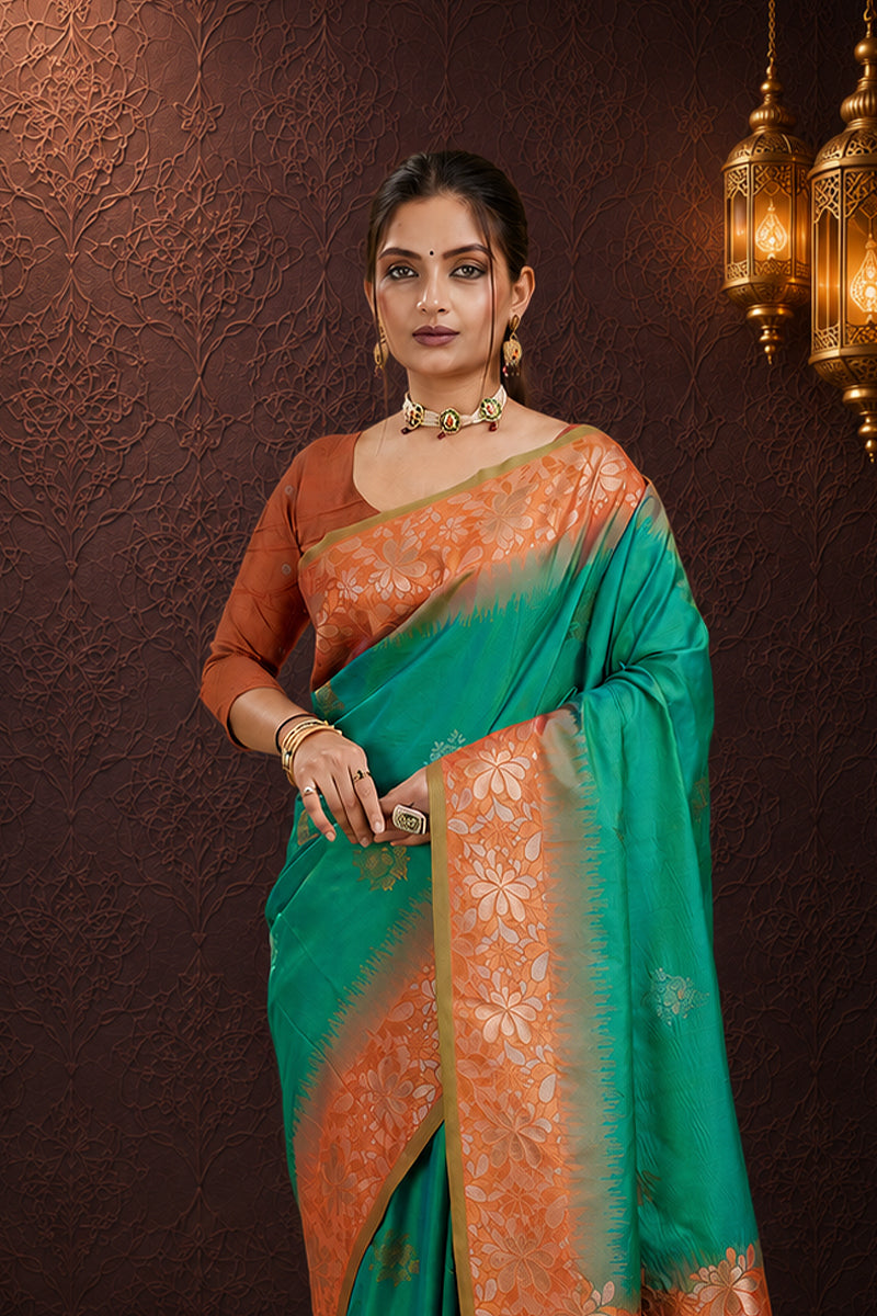 Dark Green Tone Banarasi Handloom Silk Saree