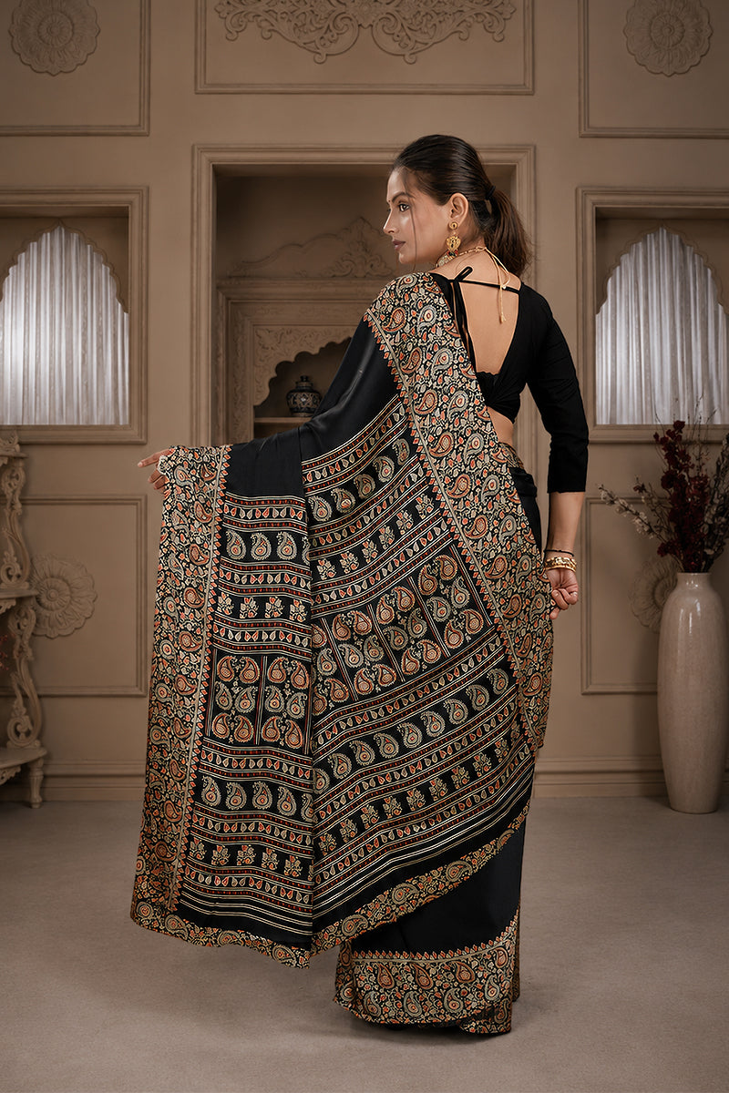 Black Ajrakh Printed Silk Saree