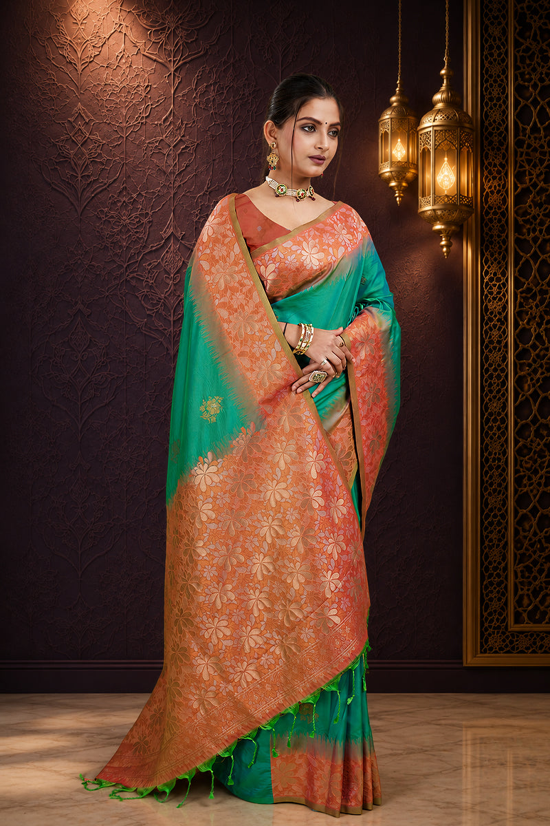 Dark Green Tone Banarasi Handloom Silk Saree