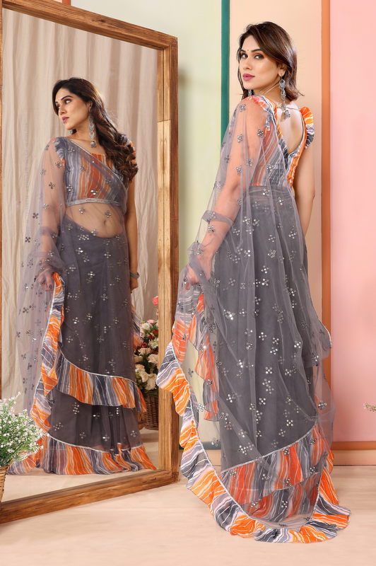 Grey Ruffled Net Fancy Saree
