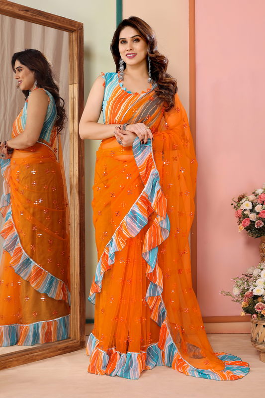 Orange Ruffled Net Fancy Saree