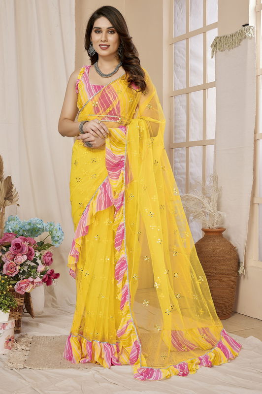 Yellow Ruffled Net Fancy Saree