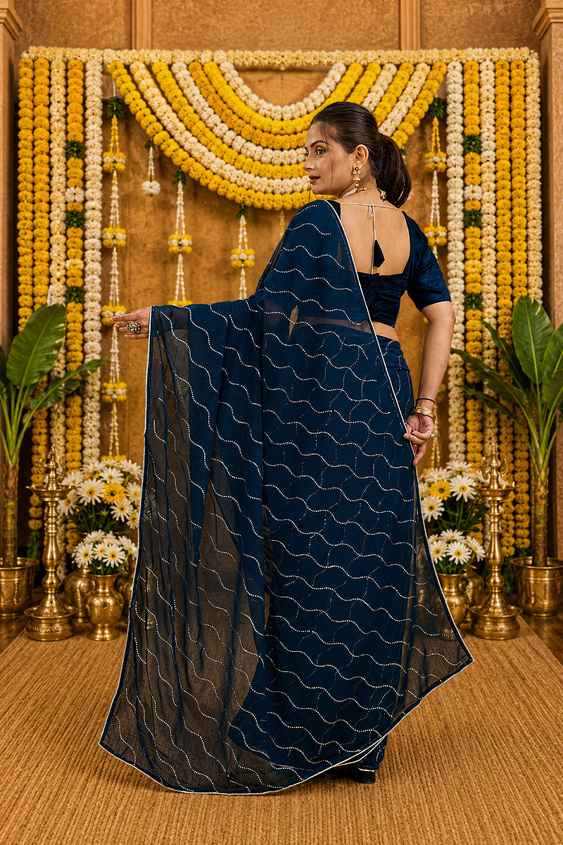 Navy Beaded Swarovski Georgette Fancy Saree
