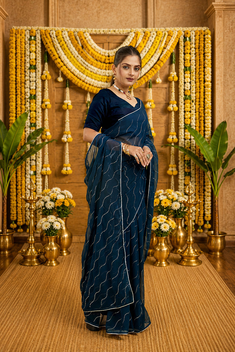 Navy Beaded Swarovski Georgette Fancy Saree