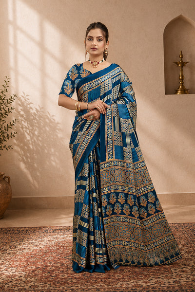 Navy Ajrakh Semi Gaji Silk Saree