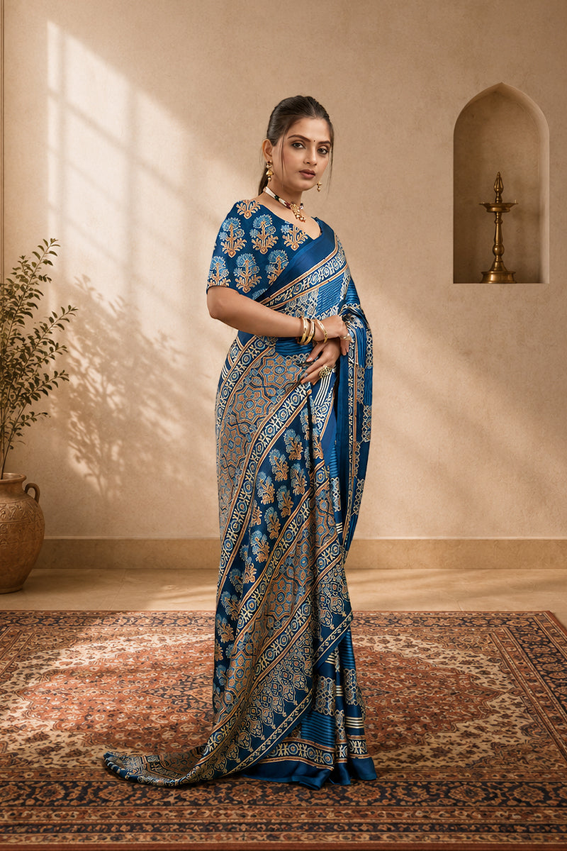 Navy Ajrakh Semi Gaji Silk Saree