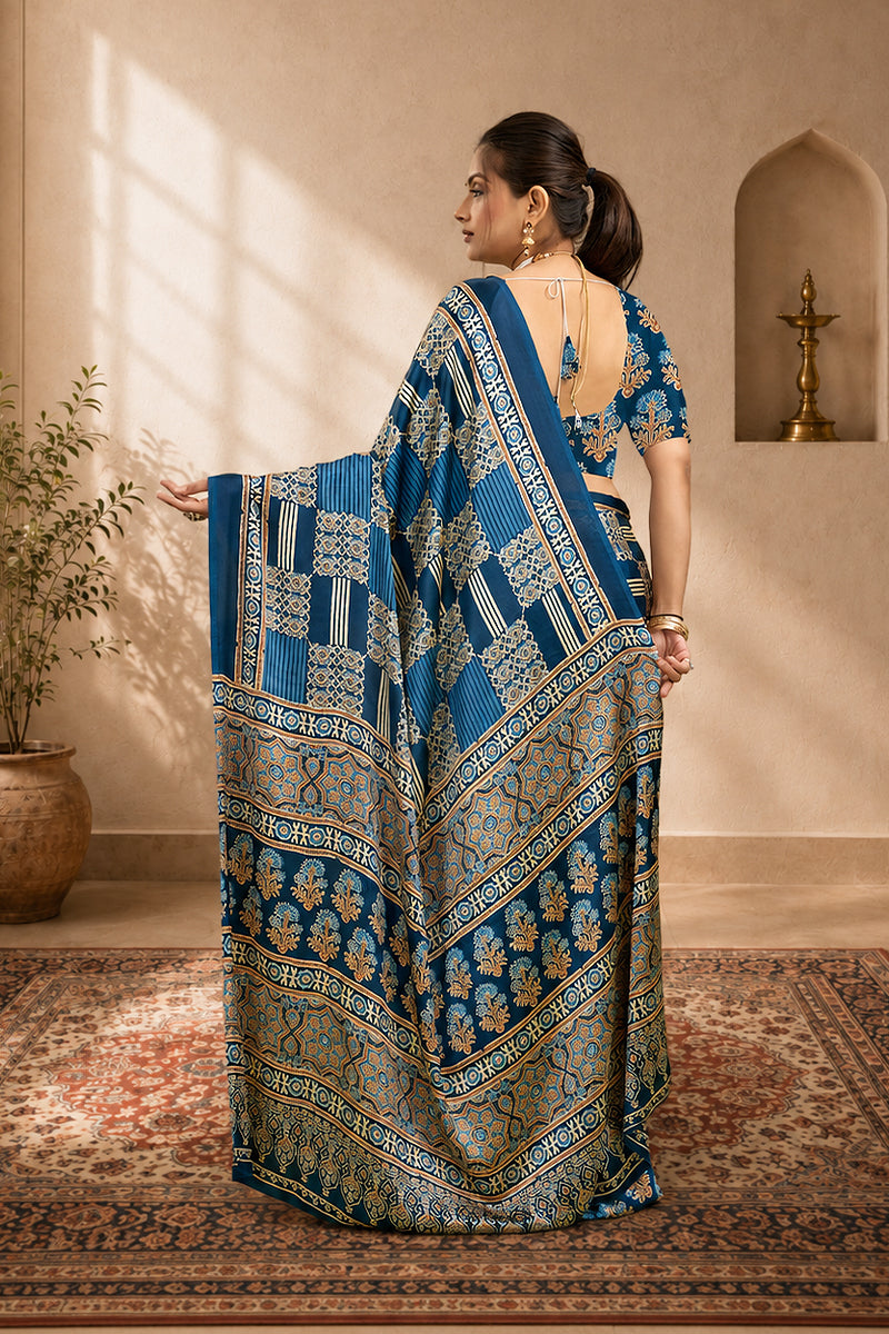 Navy Ajrakh Semi Gaji Silk Saree