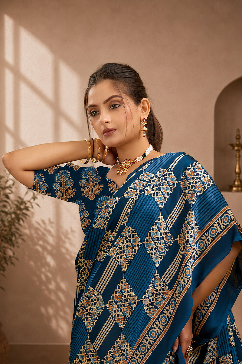 Navy Ajrakh Semi Gaji Silk Saree