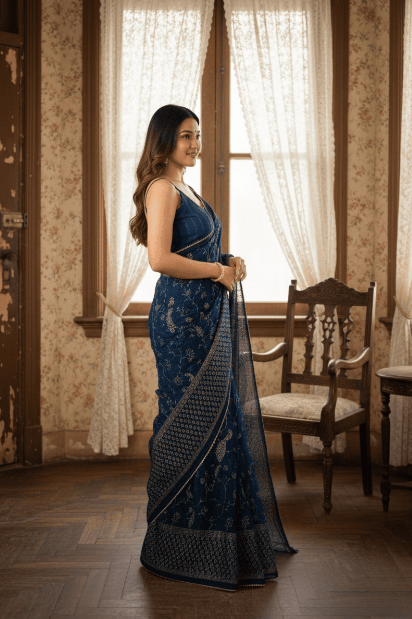 Navy Blue Foil Printed Georgette Saree