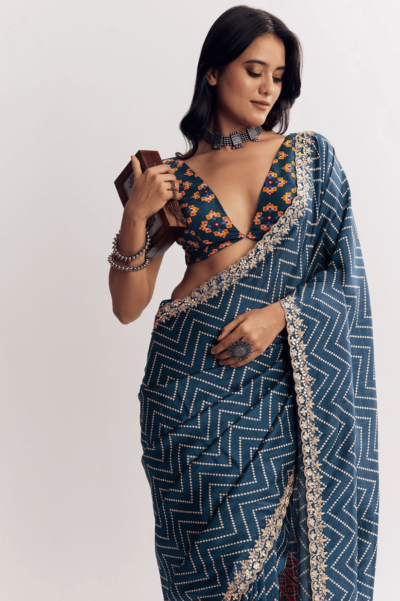 Navy Blue Manipuri Printed Saree With Embroidered Lace