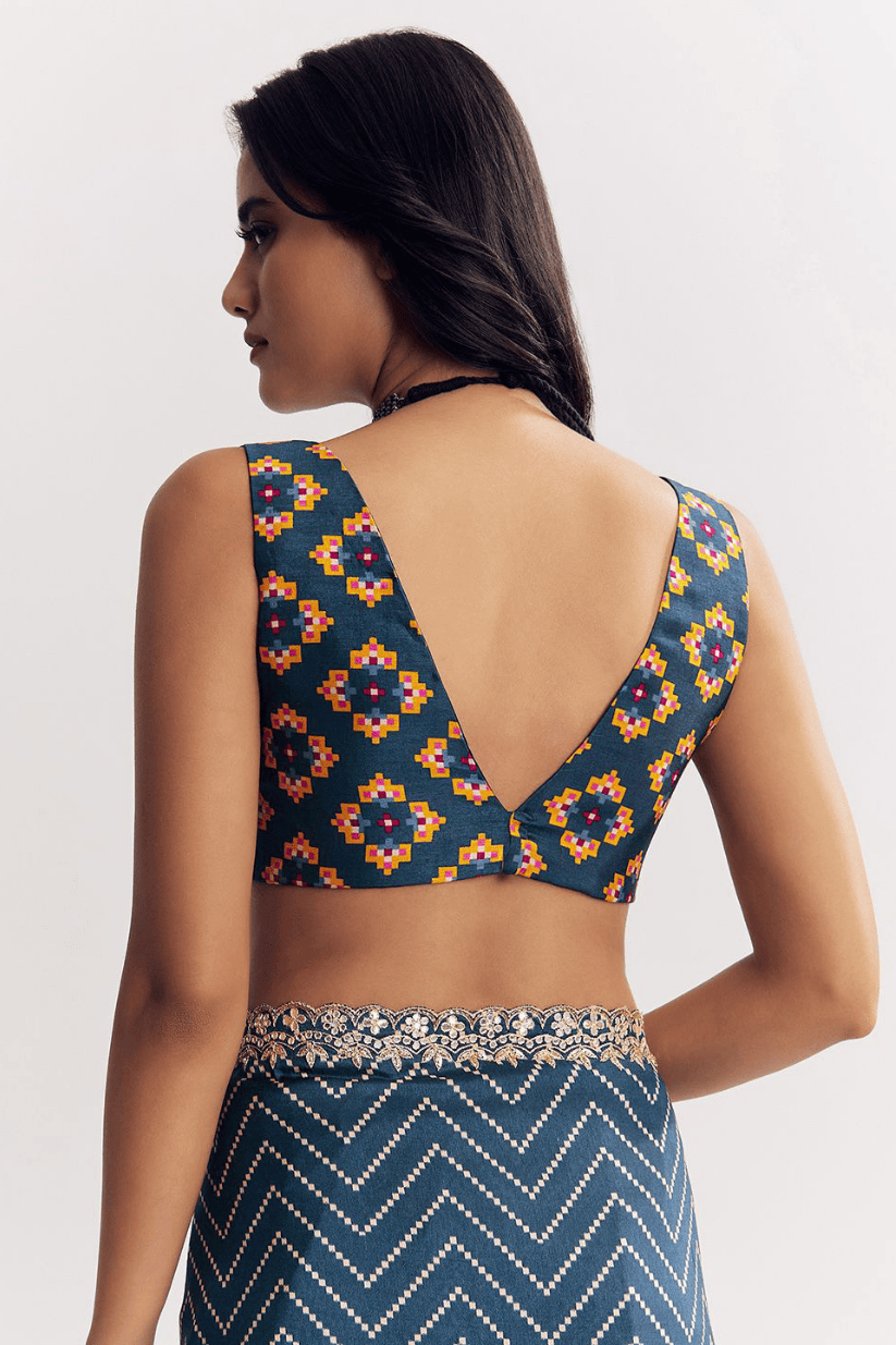 Navy Blue Manipuri Printed Saree With Embroidered Lace