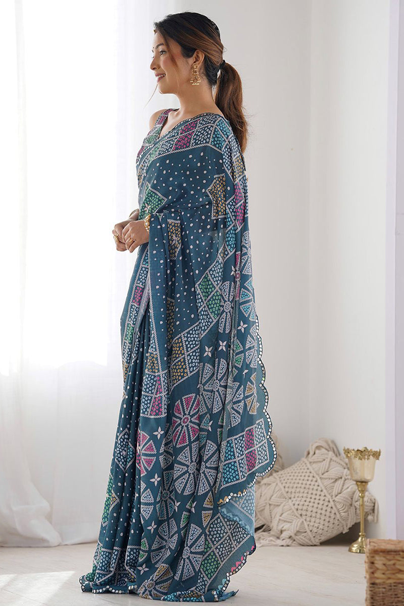 Navy Blue Printed Georgette Saree