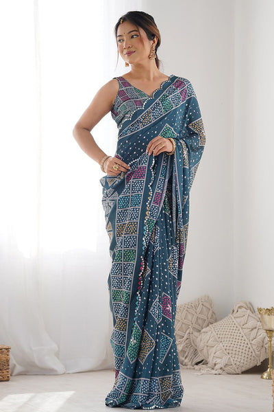 Navy Blue Printed Georgette Saree