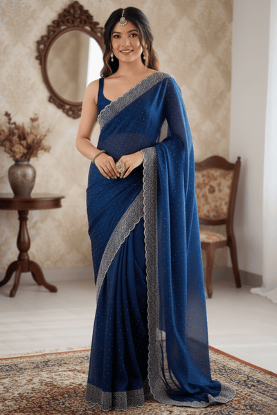 Navy Blue Swarovski Soft Silk Saree