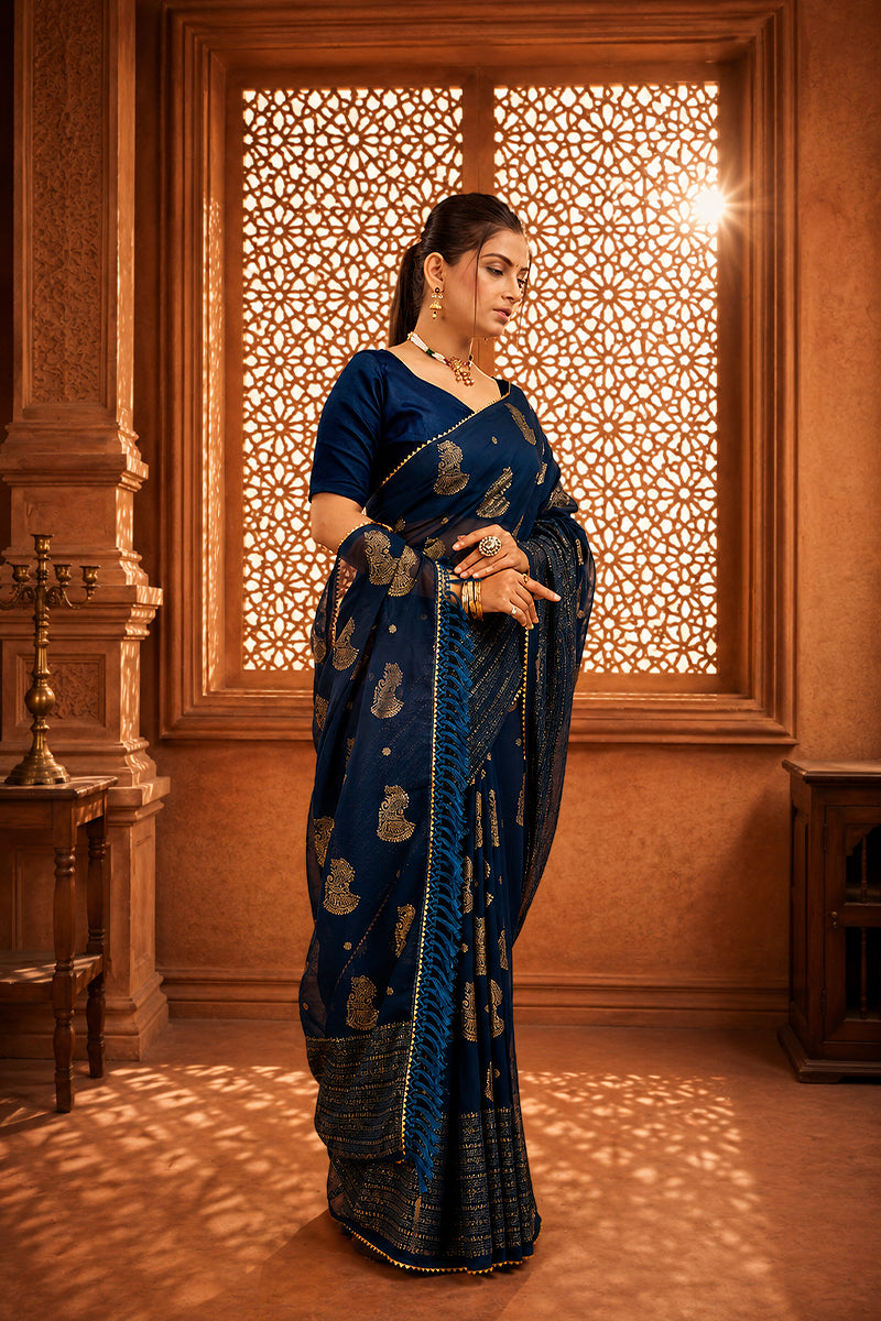 Navy Foil Printed Georgette Saree