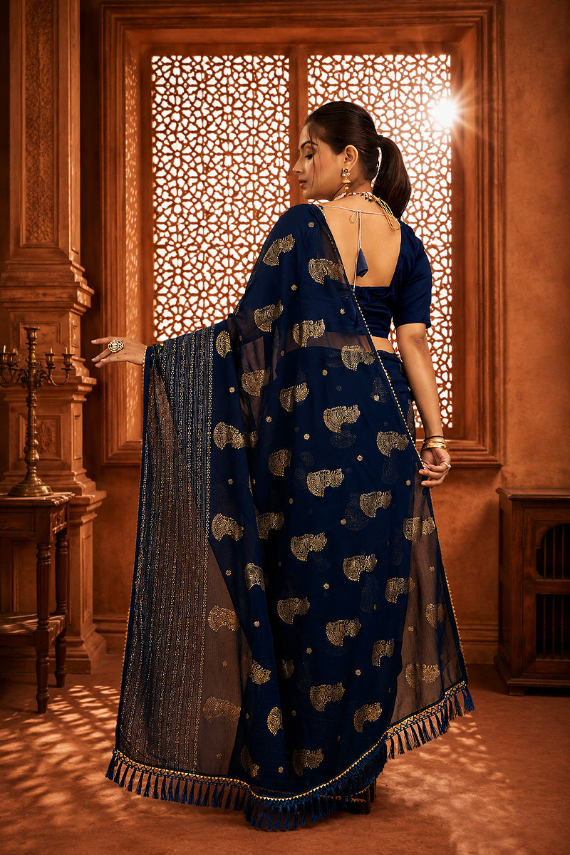 Navy Foil Printed Georgette Saree