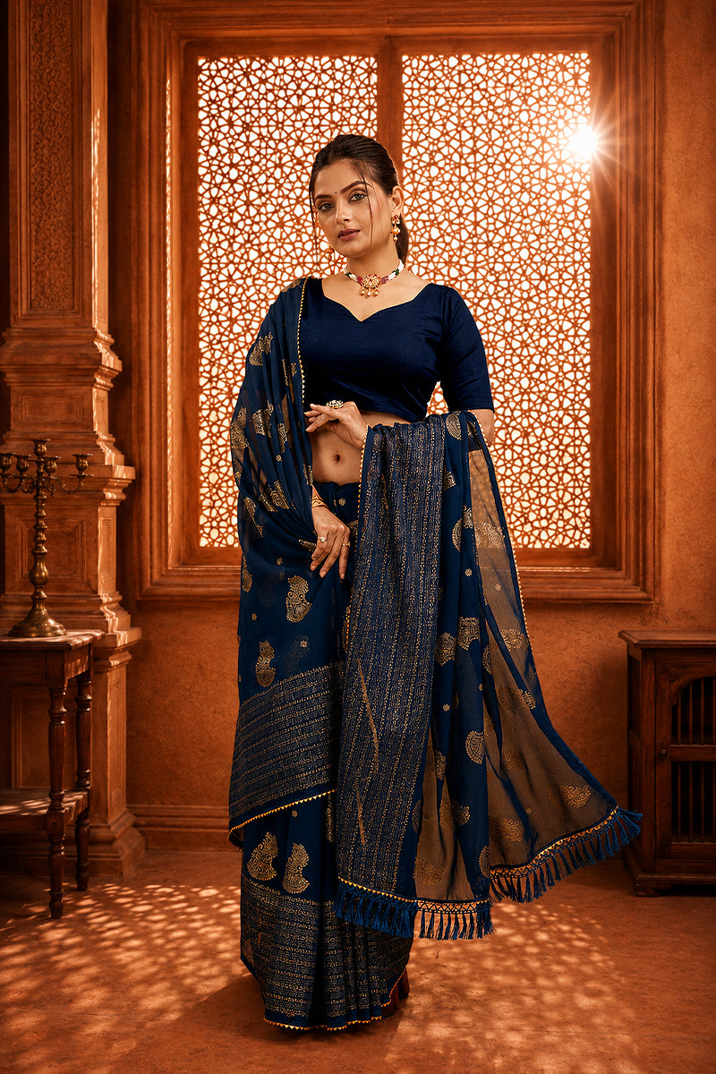 Navy Foil Printed Georgette Saree