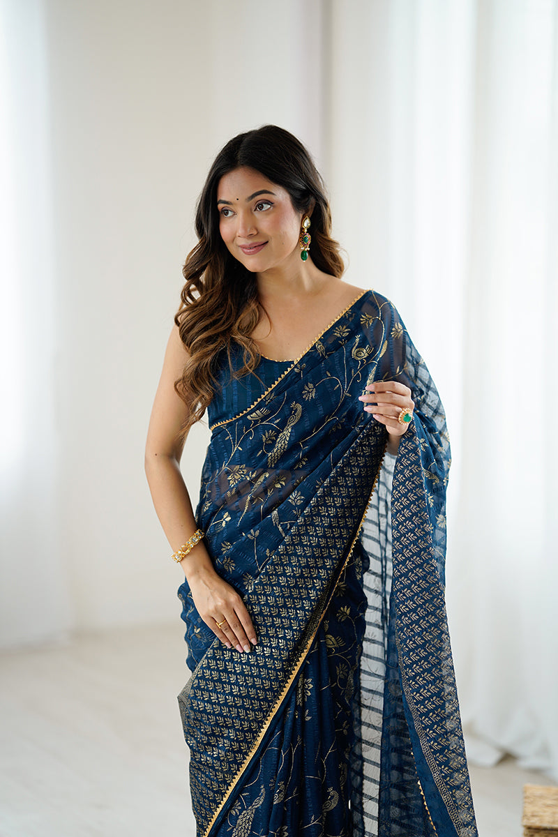 Navy Blue Foil Printed Gharchola Georgette Saree