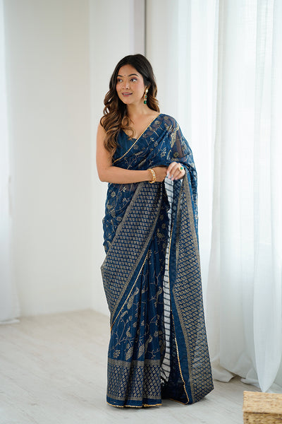 Navy Blue Foil Printed Gharchola Georgette Saree