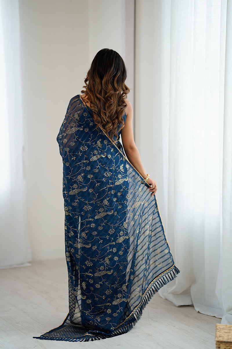 Navy Blue Foil Printed Gharchola Georgette Saree