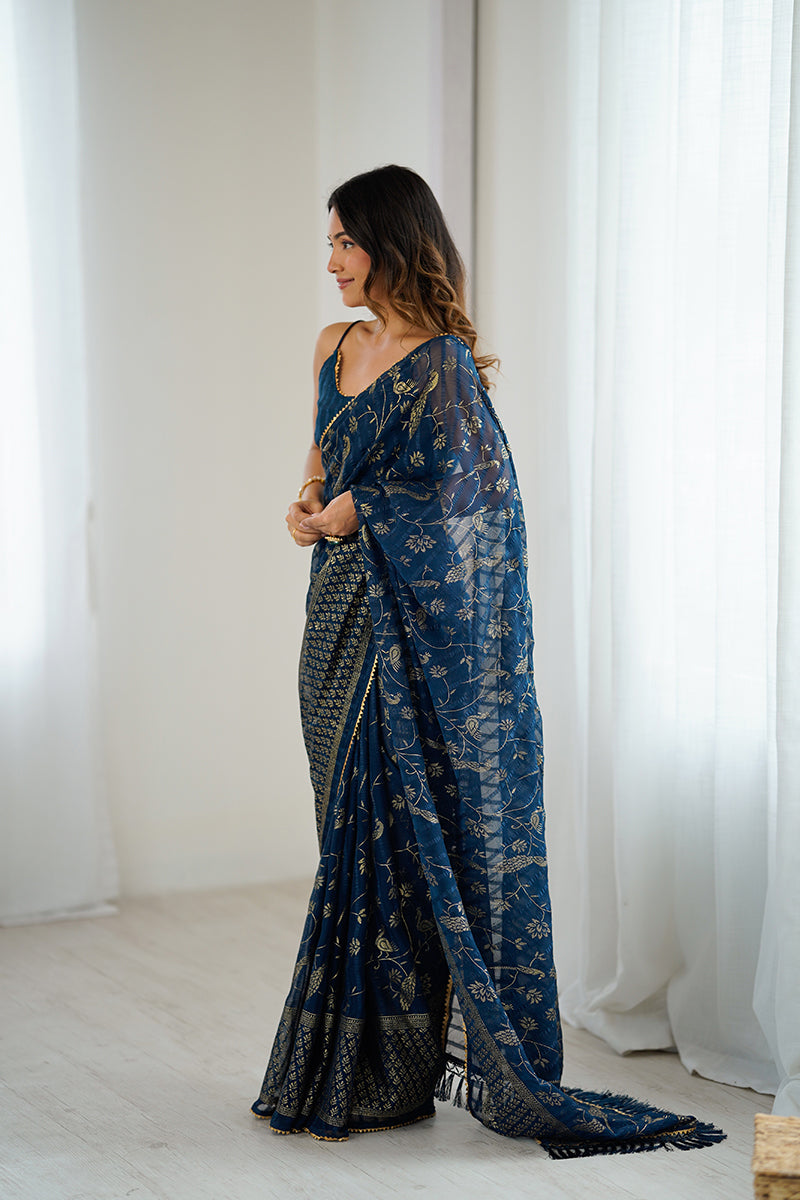 Navy Blue Foil Printed Gharchola Georgette Saree