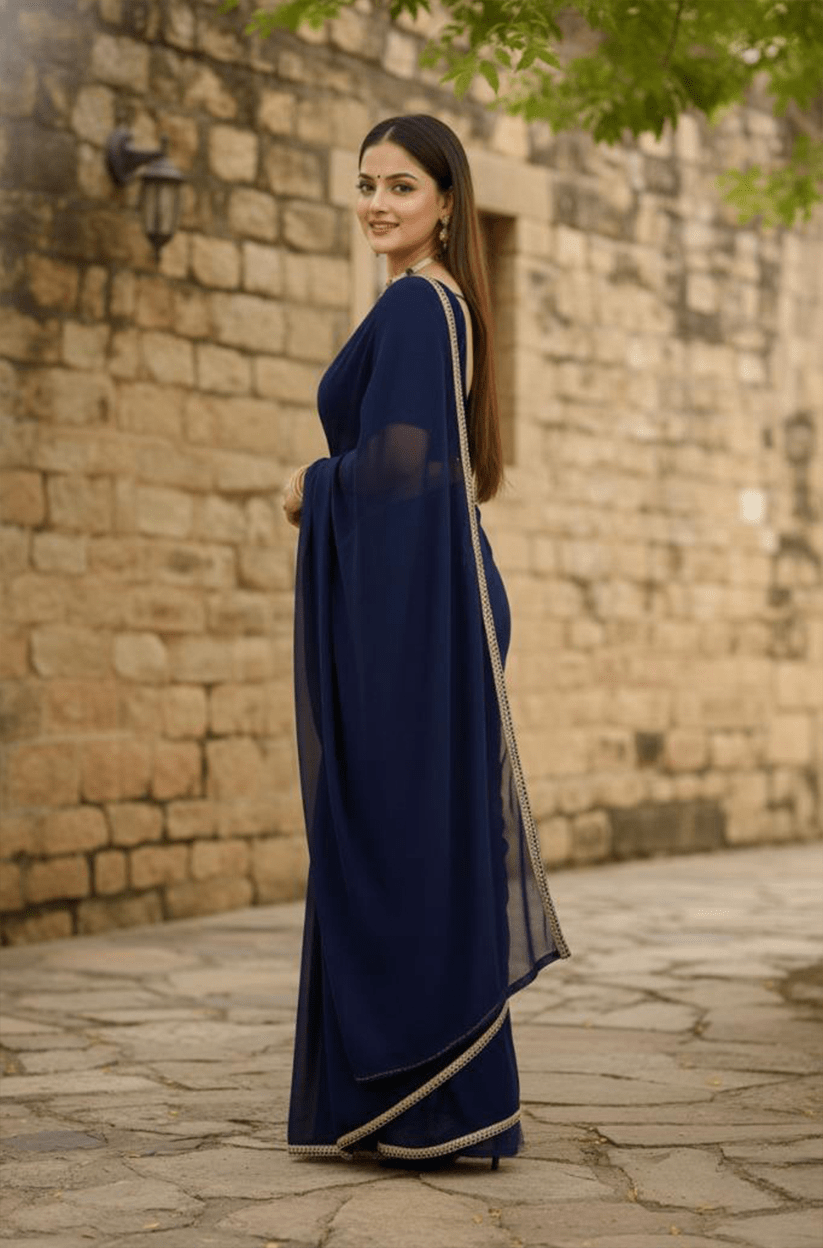 Navy Mirror Lace Georgette Saree