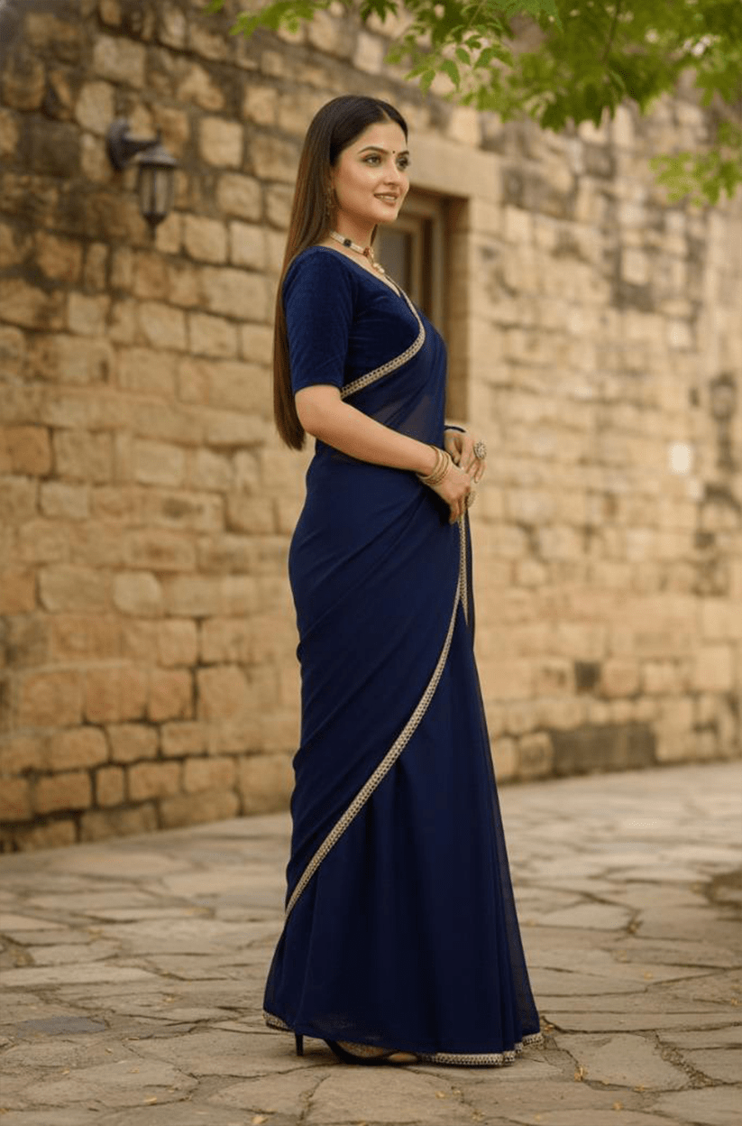 Navy Mirror Lace Georgette Saree
