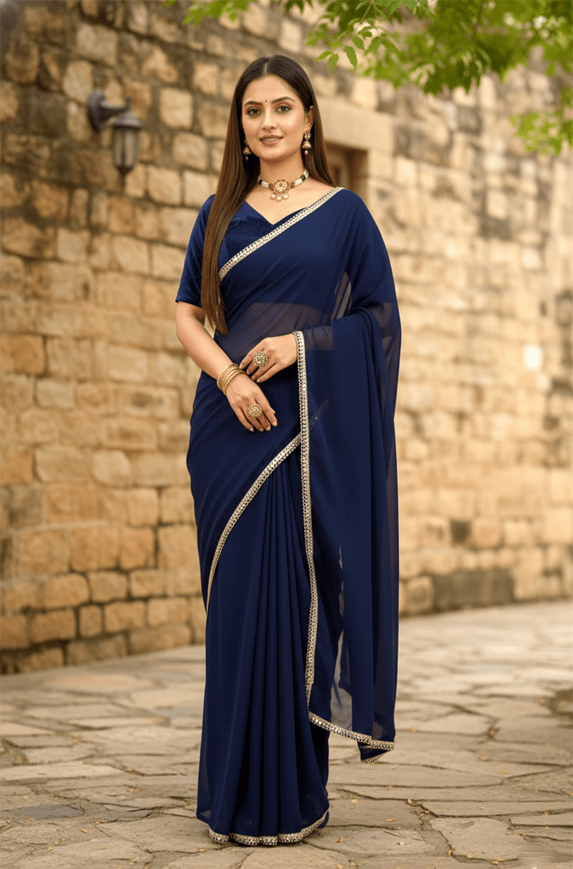 Navy Mirror Lace Georgette Saree