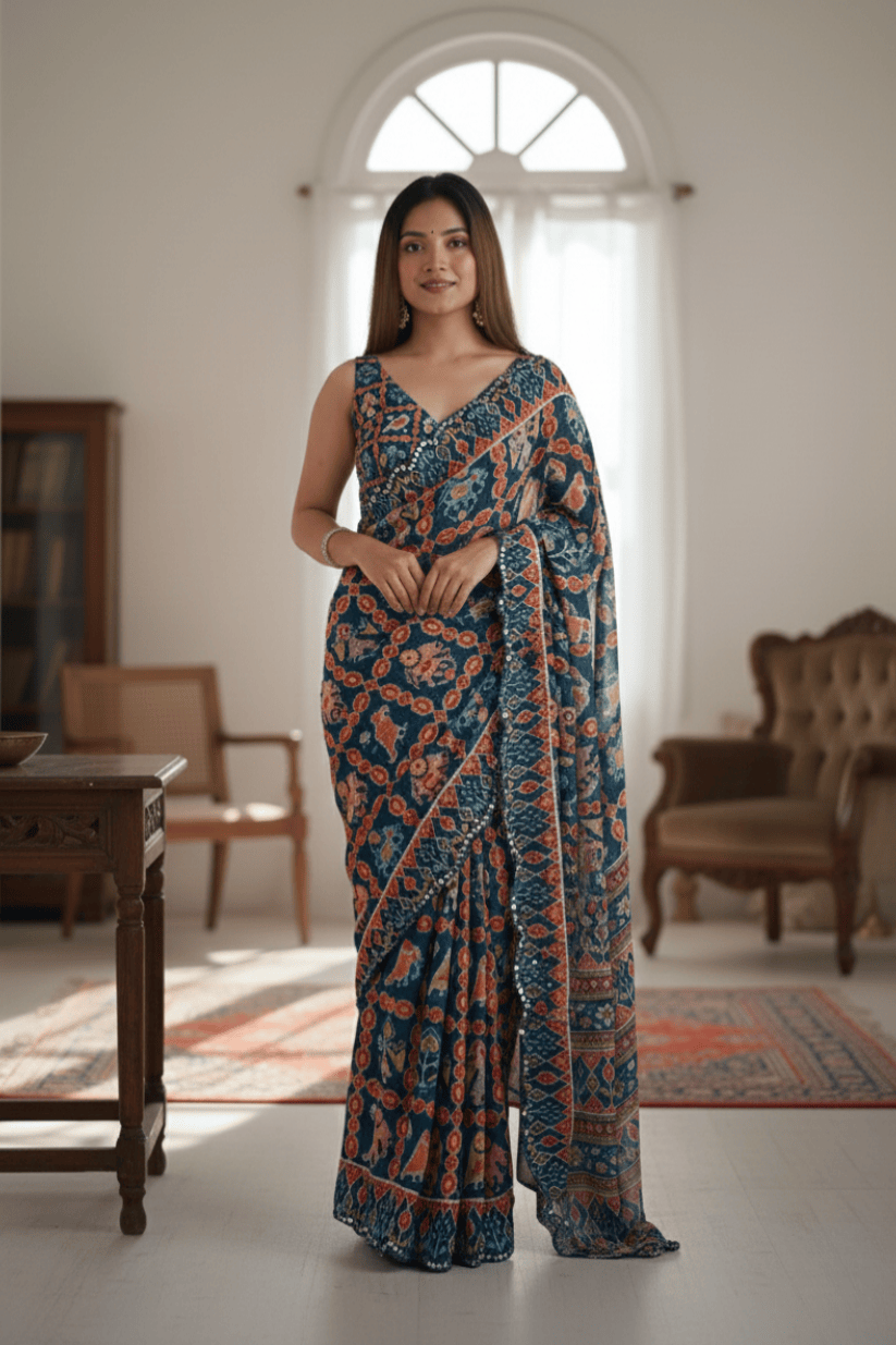 Navy Blue Printed Georgette Saree
