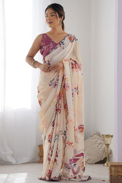 Off White Printed Georgette Saree