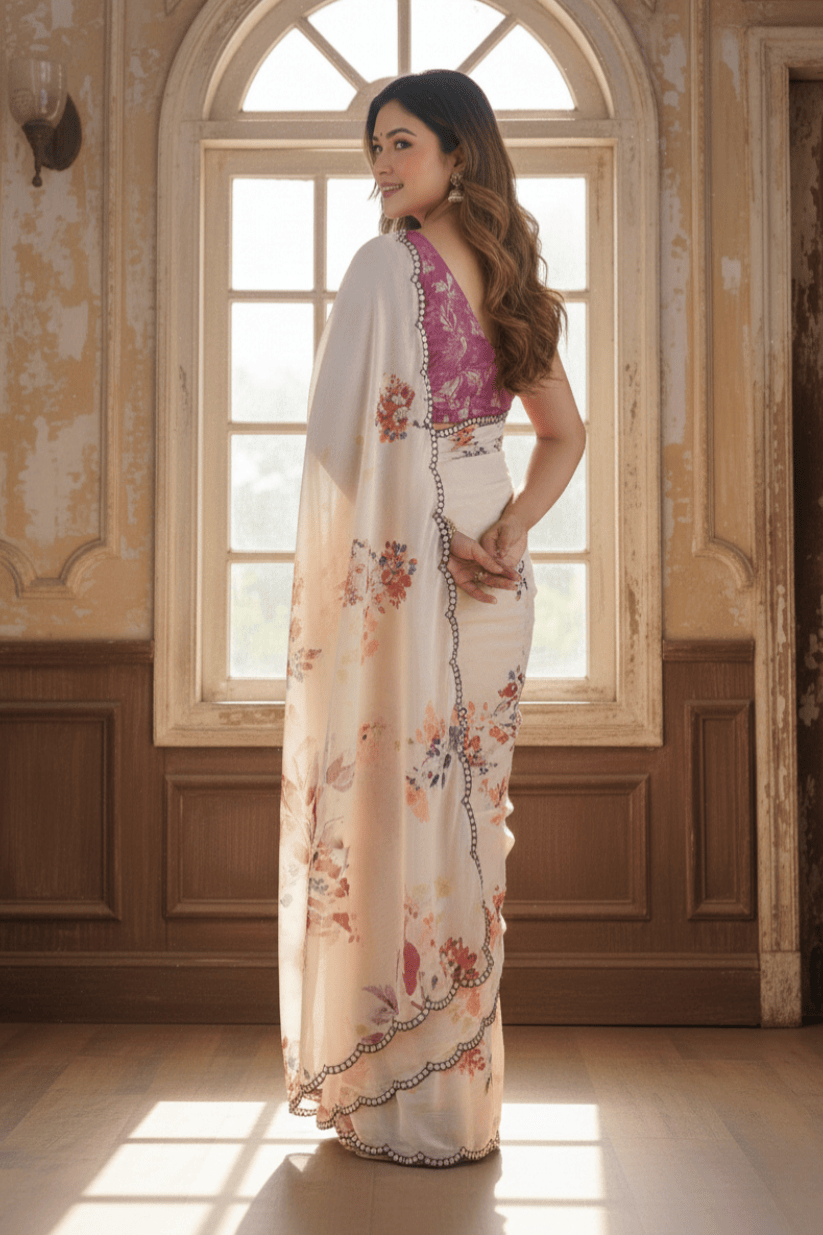 Off White Printed Georgette Saree