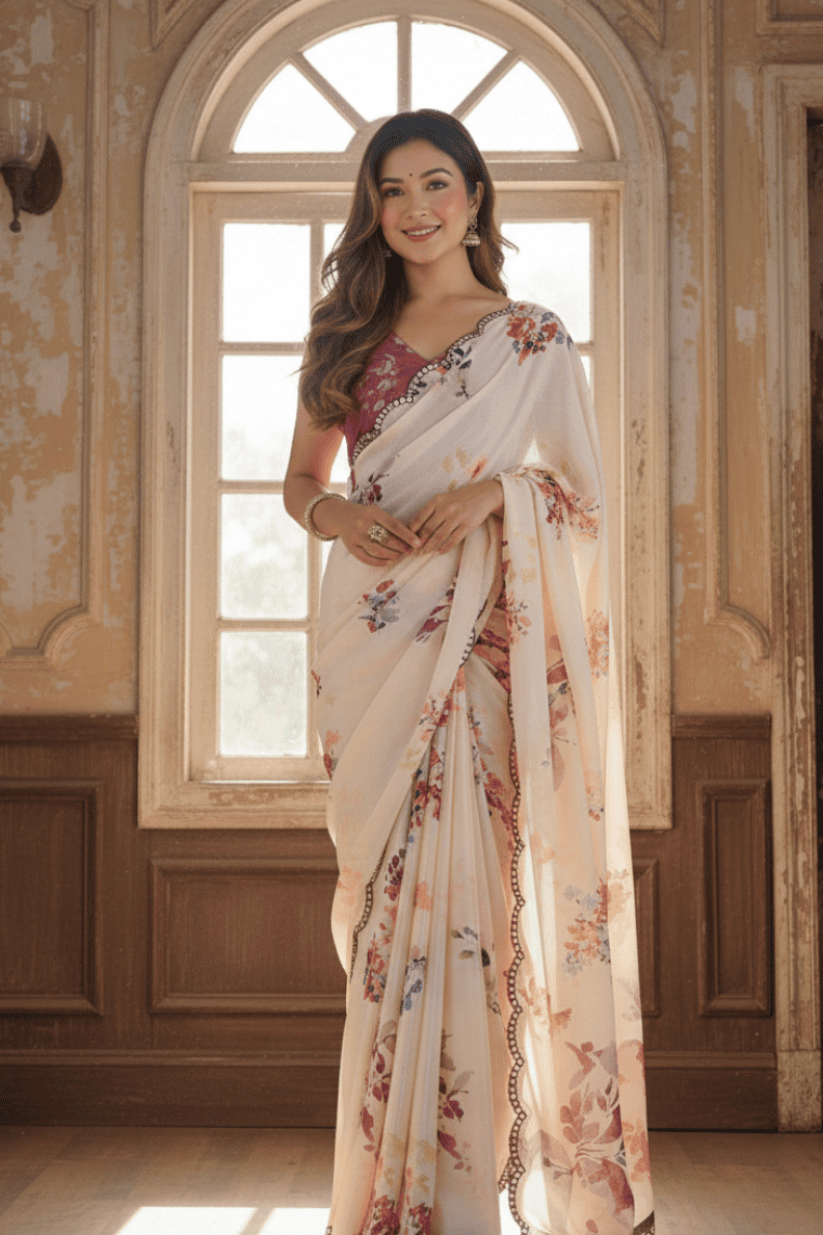 Off White Printed Georgette Saree