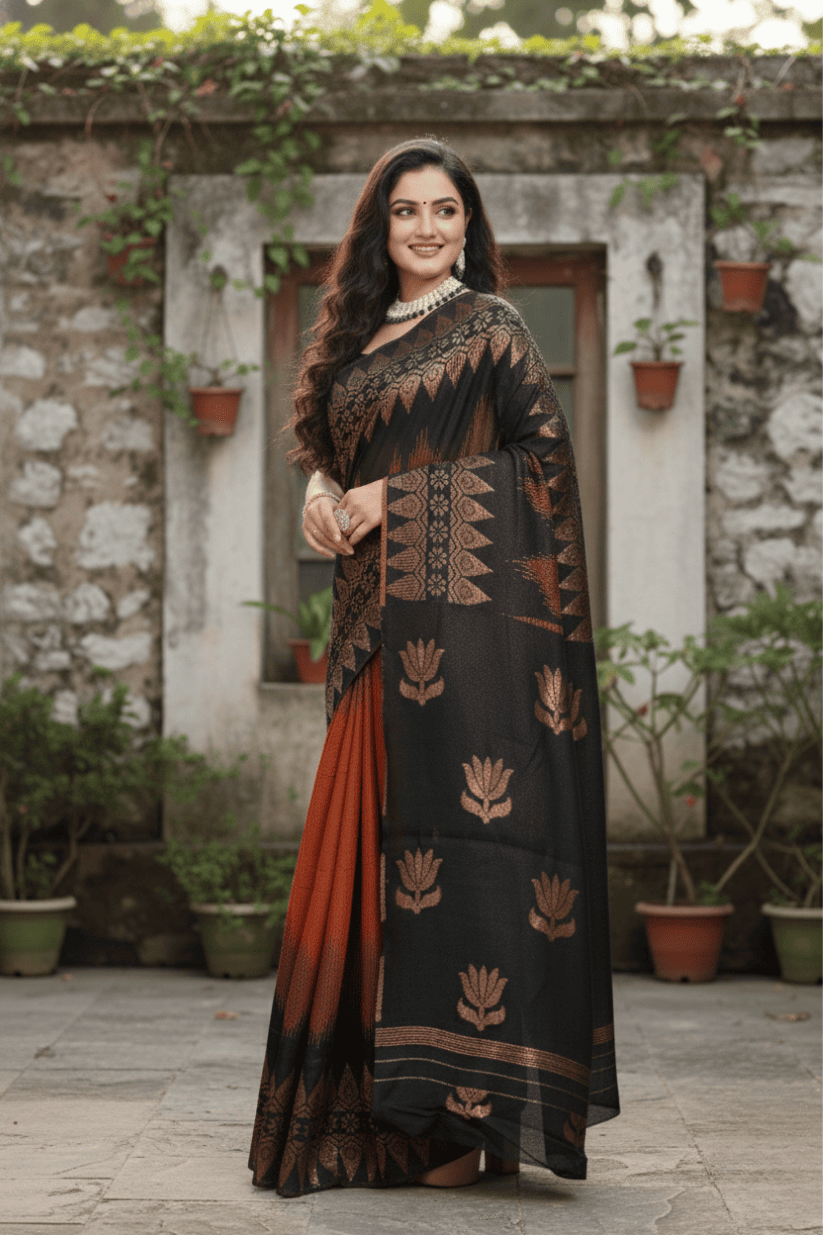 Orange-Black Foil Printed Cotton Silk Saree
