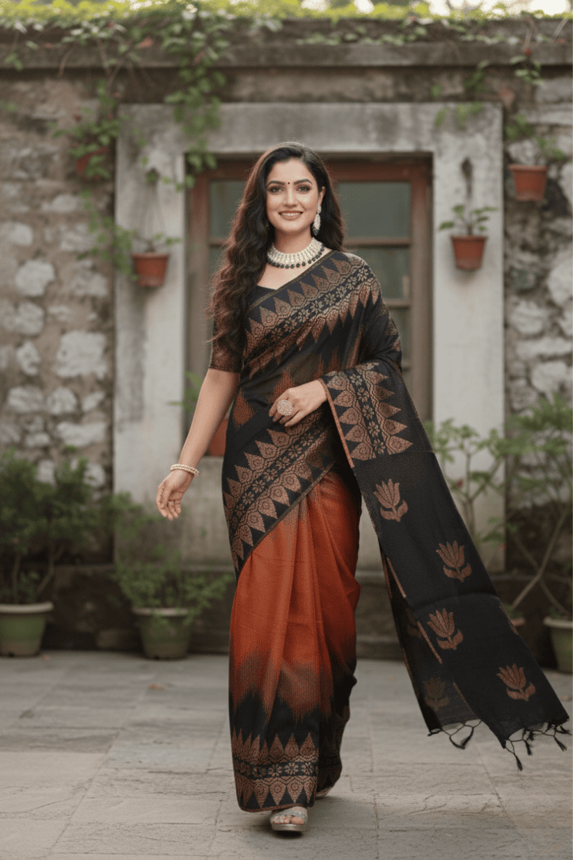 Orange-Black Foil Printed Cotton Silk Saree