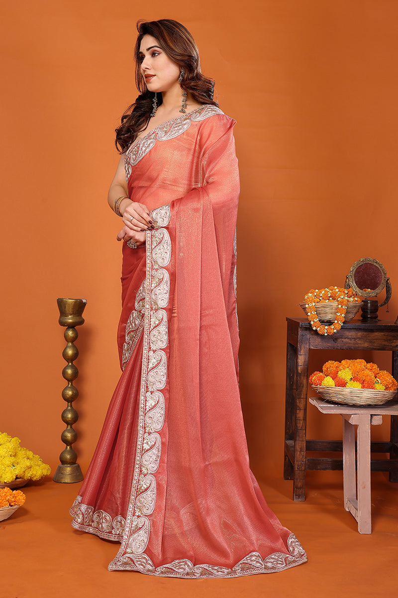 Orange Chiffon Embroidered Saree