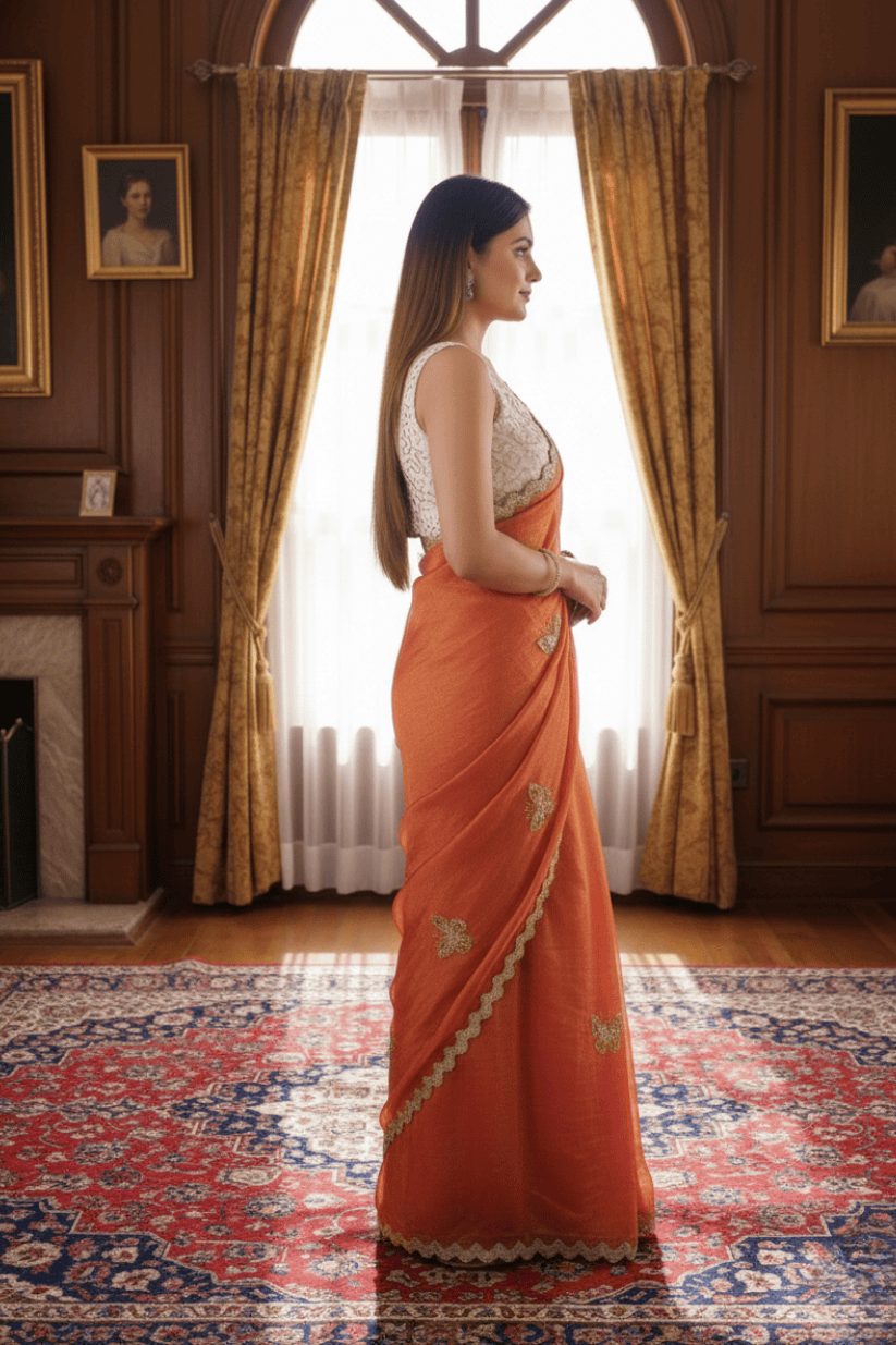 Orange Crunchy Silk Embroidery Saree