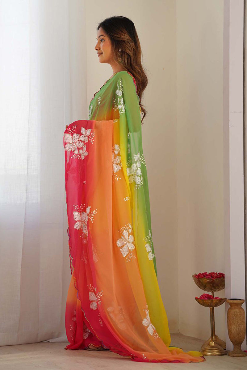 Orange Embroidery Work Georgette Saree