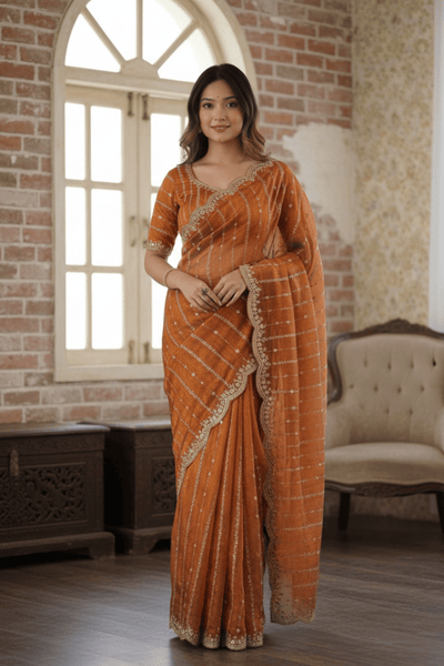 Orange Fendi Satin Embroidery Saree