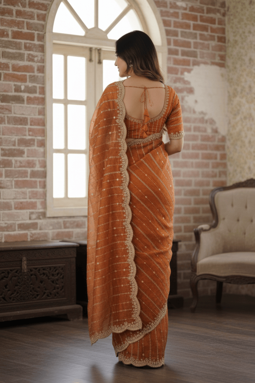 Orange Fendi Satin Embroidery Saree
