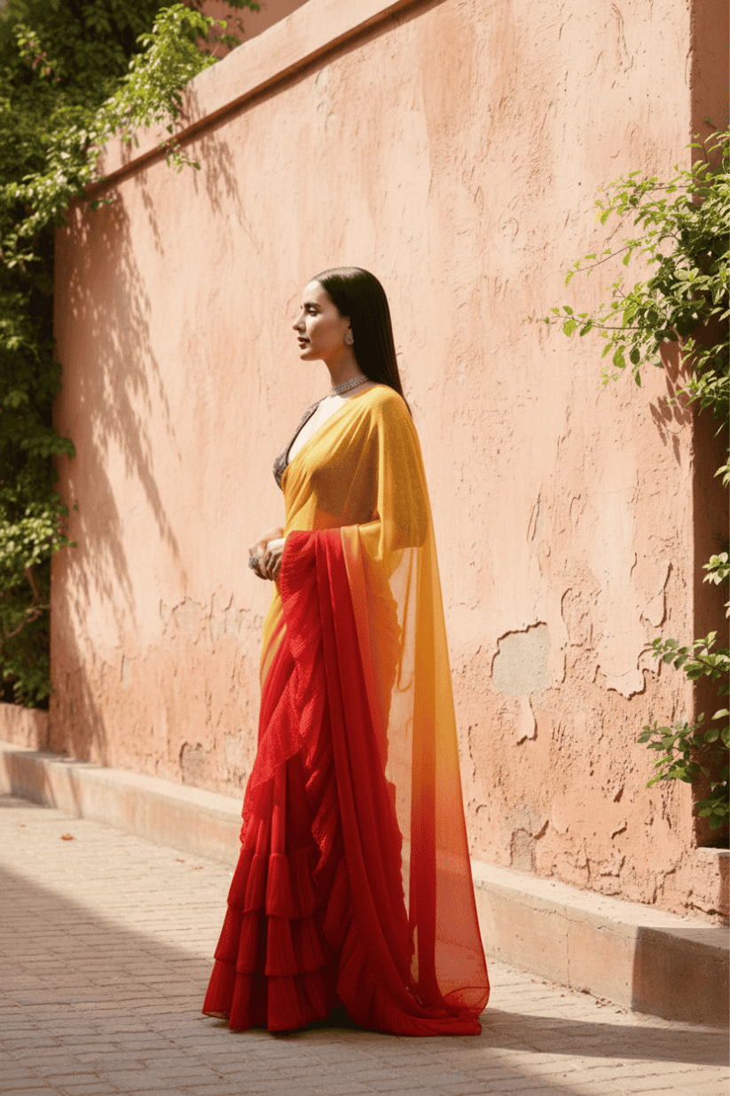 Orange Georgette Ruffled Saree