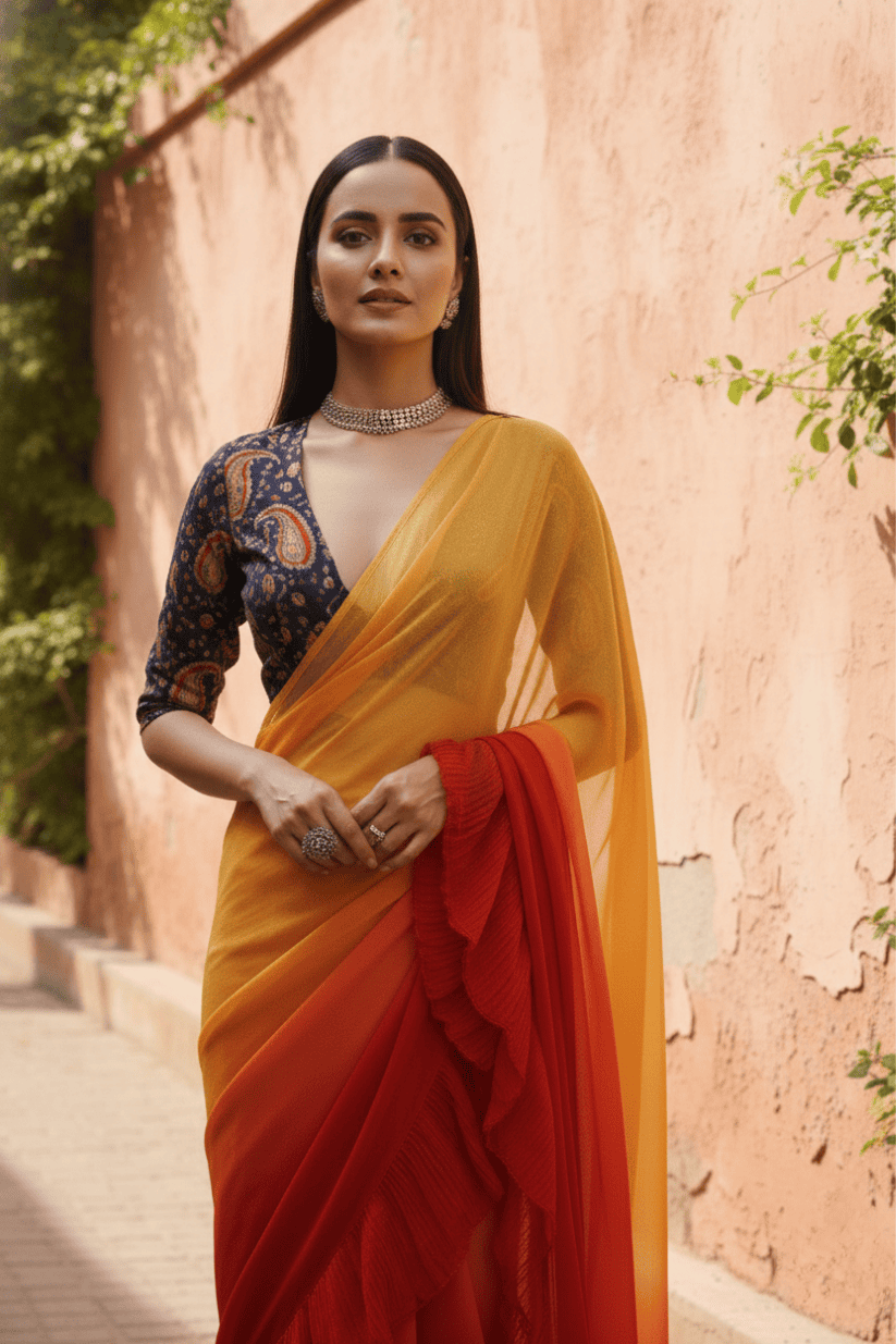 Orange Georgette Ruffled Saree