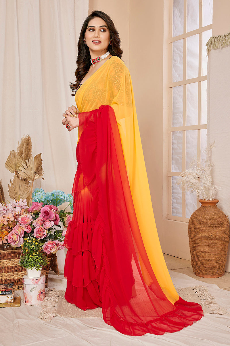 Orange Georgette Ruffled Saree